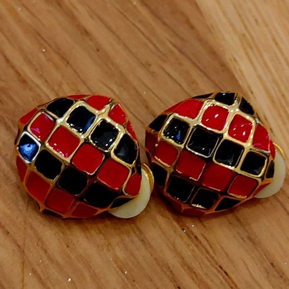 Red and Black Enamel Gold Tone Earings - Picture 1 of 1